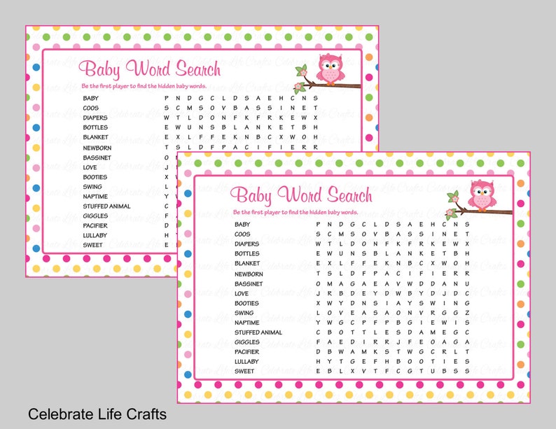 Baby Word Search Baby Shower Game with Answer Key Printable Baby Games Owl Baby Girl Rainbow Polka Dots B2009 image 1