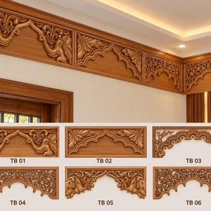 May include: A collection of six rectangular wooden wall panels featuring intricate carvings of elephants, floral motifs, and arched designs. Each panel is labeled with codes TB 01 through TB 06, showcasing detailed craftsmanship in natural wood tones.