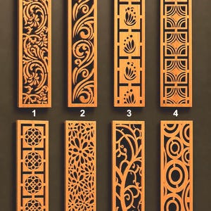 May include: Eight rectangular wooden panels featuring intricate laser-cut patterns. Each panel is numbered from one to eight and displays a unique design, including floral motifs, geometric shapes, swirling vines, and circular patterns in a light wood tone.