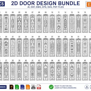 May include: A digital collection of 51 black and white 2D door designs labeled 01 through 51. The bundle includes AI, DXF, DWG, EPS, SVG, and PDF file formats. Each design features intricate geometric and floral patterns for CNC laser cutting.