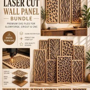 May include: A digital download bundle of modern laser cut wall panel designs featuring intricate geometric, organic, and animal print patterns. The set includes SVG, DXF, EPS, PNG, and PDF files for use with laser cutters, Glowforge, Cricut, and CNC machines.
