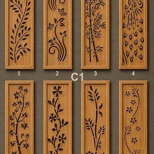 May include: Eight rectangular wooden panels arranged in two rows, each featuring intricate laser-cut designs including foliage, bamboo stalks, a peacock, and various floral patterns. Each panel is numbered from one to eight with the text C1 centered.