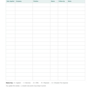 May include: A white job application tracker template with dark green text. The header reads JOB APPLICATION TRACKER and includes columns for Date Applied, Company, Position, Status, Follow-Up, and Notes. A status key at the bottom defines A, I, O, R, and G.