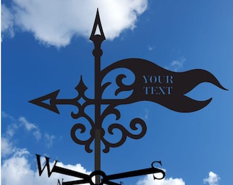 Gepersonaliseerde metalen windwijzer, met eigen naam, klassieke en gotische lettertypen.