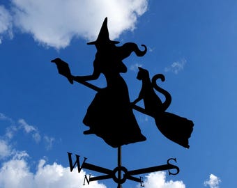 Metalen windwijzer met heksen-, katten- en kraaienmotief, gotische Halloween-tuindecoratie, stalen windwijzer