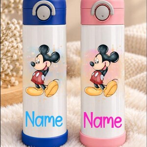 May include: Two cylindrical water bottles with white bodies, one featuring a blue cap and base with blue text reading Name, and the other with a pink cap and base with pink text reading Name. Both display a graphic of Mickey Mouse in colour.