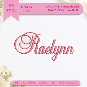 May include: A machine embroidery digital file featuring the name Raelynn in a pink cursive script font. The design includes text stating BX FONT, 6 SIZES 1" - 3.5", MACHINE EMBROIDERY INSTANT DOWNLOAD, and file formats DST, EXP, HUS, JEF, PEC, PES, VP3, SEW, XXX.