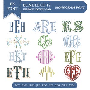 May include: A digital embroidery file bundle featuring 12 distinct monogram font styles. The image displays various letter combinations in diverse colours, decorative patterns, and shapes, including floral, circular, and heart-themed designs.