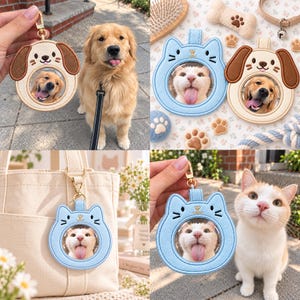 Pode incluir: Um conjunto de dois porta-chaves fotográficos bordados em forma de animal, com um design de gato azul-claro e um design de cão cor de creme. Cada porta-chaves tem uma janela circular transparente para uma foto, um fecho mosquetão dourado e detalhes faciais bordados.