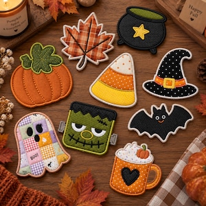 Puede incluir: Una colección de parches bordados con temática de Halloween que incluye una calabaza, una hoja de arce a cuadros, un caldero negro con una estrella amarilla, un caramelo de maíz, un sombrero de bruja negro, un fantasma de patchwork, un monstruo verde, un murciélago y una taza.