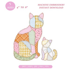 Cat Applique Embroidery Design, Cute Patchwork Kitty Embroidery File, Floral Animal Machine Embroidery Pattern, Pet Lover Gift PES DST