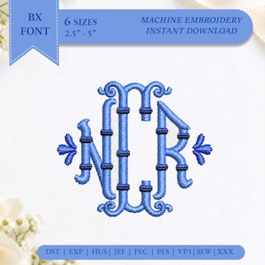 Carattere ricamato con monogramma intrecciato ornato, carattere BX a 3 lettere, alfabeto vintage alto per ricamo a macchina, iniziali del nome, file pes dst jef