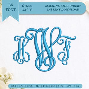 May include: A bright blue machine embroidery monogram featuring the letters H, W, and F in a cursive script style. The text at the top reads BX FONT 6 SIZES 3.8 cm - 10.2 cm MACHINE EMBROIDERY INSTANT DOWNLOAD. The bottom text lists file formats DST, EXP, HUS, JEF, PEC, PES, SEW, VP3, XXX.