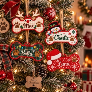 May include: Four bone-shaped Christmas ornaments with names Max, Charlie, Bella, and Luna, plus a wooden tag reading Furry Christmas. The ornaments feature reindeer antlers, a snowman, plaid patterns, and a Santa hat with paw print details.
