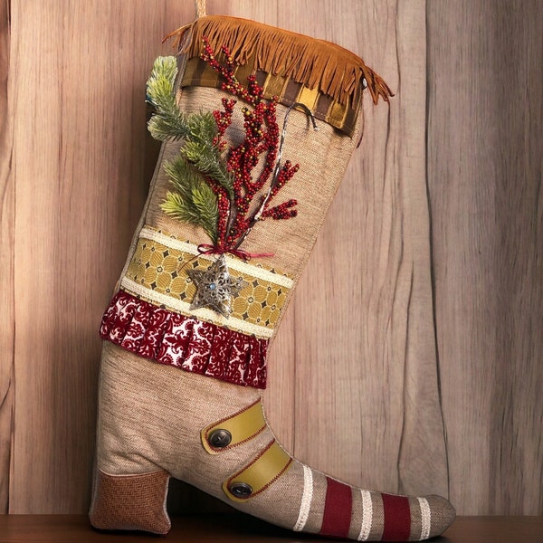 Cowboy Christmas Stocking, Elf Stocking, Western Stocking, Christmas Decor, Ranch House Decor, Cowboy Boots, Country Christmas, Western boot