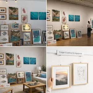 Puede incluir: Un sistema de exhibición de pared blanco con un riel horizontal que muestra el texto Colgar Cuadros Sin Agujeros. Dos marcos de madera clara cuelgan del riel mediante cables metálicos finos. Uno contiene una foto de un bosque, otro un dibujo lineal.