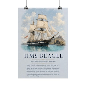 Op de afbeelding: Een verticale poster met een schilderij van de HMS Beagle, een zeilschip met witte zeilen op blauw water bij een rotsachtig eiland. Onder het schip staat de tekst HMS BEAGLE, Royal Navy Survey Brig 1820-1870, gevolgd door een historische samenvatting.