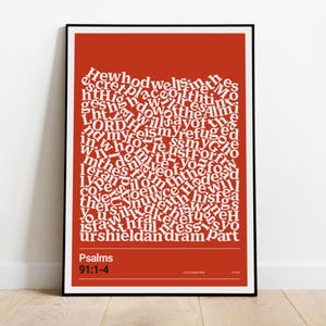 May include: A rectangular wall art print in a black frame featuring a solid burnt orange background. The center contains white text arranged in a dense block, displaying the verses of Psalms 91:1-4. The bottom left corner includes the text Psalms 91:1-4.