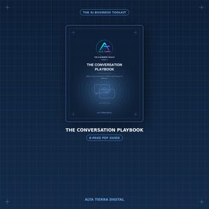 May include: A dark blue 8-page PDF guide titled The Conversation Playbook from The AI Business Toolkit. The cover features a central logo, the text What to Say to Customers, Clients, and Everyone in Between, and a graphic of two speech bubbles.
