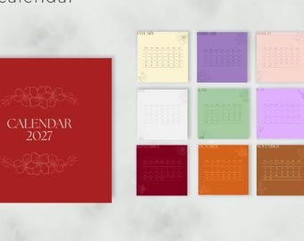 Può includere: Un set di calendario 2027 con una copertina rosso scuro decorata con disegni floreali a linee e il testo "CALENDAR 2027". Dodici pagine mensili quadrate sono disposte in una griglia, ognuna in un colore diverso con accenti floreali.