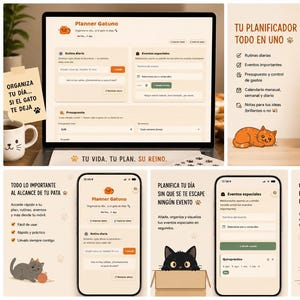 Puede incluir: Una interfaz de planificador digital titulada Planner Gatuno mostrada en una laptop, monitor de escritorio y pantallas de smartphone. El diseño incluye secciones para rutinas diarias, eventos especiales y presupuesto, con ilustraciones de gatos.