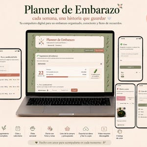 Peut inclure: Un planificateur de grossesse numérique affiché sur un écran d'ordinateur portable et plusieurs smartphones, avec une interface vert clair et beige et du texte en espagnol, entouré d'illustrations botaniques sur un fond de couleur crème.