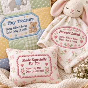 Quilt Label Embroidery Design Bundle, 9 Personalized Machine Embroidery Quilt Tags, Baby Keepsake Labels, PES DST JEF, Instant Download