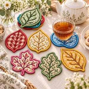 May include: A collection of fabric leaf-shaped coasters featuring various patterns including red gingham, floral prints, and solid borders. One green oak leaf coaster is embroidered with the letter M. The coasters are arranged on a table.