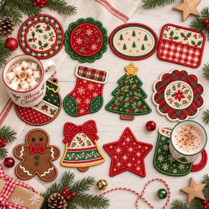 May include: A collection of twelve fabric Christmas-themed coasters featuring various shapes including circles, a stocking, a tree, a bell, a star, and a gingerbread person, decorated with red, green, and white patterns of holly, snowflakes, and plaid.