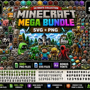 Pixel Block-spel Clipart-paket | 500+ Png, 49 Svg, typsnitt | Spelkaraktärer, alfabet och block | Direktnedladdning