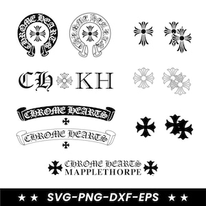 May include: A collection of black and white digital graphic designs featuring the text Chrome Hearts and Mapplethorpe, alongside various cross symbols, circular emblems, and banner motifs. The set includes multiple vector-style icons and logos.