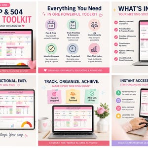 Op de afbeelding: Een digitale IEP en 504 vergadertoolkit op een laptopscherm, met Google Sheets-integratie, voortgangstrackers, vergaderagenda's en visuele dashboards om ouders en opvoeders te helpen bij het plannen, voorbereiden en georganiseerd blijven.