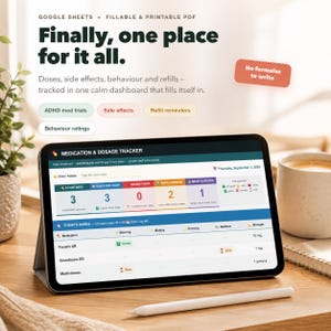 May include: A digital tablet displaying a Medication & Dosage Tracker dashboard with columns for medication, time of day, and strength. The screen shows text including Finally, one place for it all, ADHD med trials, Side effects, and Refill reminders.