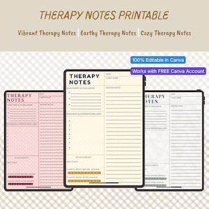 Pode incluir: Três modelos digitais de notas de terapia com fundo de grade de pontos. Cada página inclui seções para data, nome do cliente, pontos principais de discussão, notas da sessão, recursos, intervenções, avaliação e escalas de humor.
