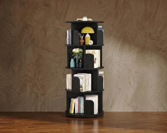 Rotating Bookshelf Tower, 5 Tier Round Bookcase, Space Saving Book Storage, White Swivel Shelf, Small Space Organizer, Modern Home Decor