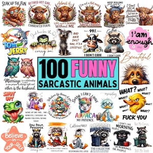 Op de afbeelding: Een digitale collectie van 100 grappige sarcastische dierenillustraties met diverse wezens zoals koeien, wasberen, uilen en kikkers. Elk personage is gecombineerd met humoristische teksten zoals "I'm enough", "Bad hair day?" en "Bow down, peasants."