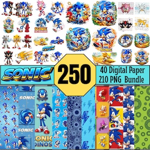 May include: A digital bundle featuring 250 Sonic the Hedgehog assets, including 40 digital papers and 210 PNG files. The collection displays various character illustrations, action poses, and patterned backgrounds in blue, yellow, and red colors.