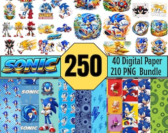 May include: A digital bundle featuring 250 Sonic the Hedgehog assets, including 40 digital papers and 210 PNG files. The collection displays various character illustrations, action poses, and patterned backgrounds in blue, yellow, and red colors.