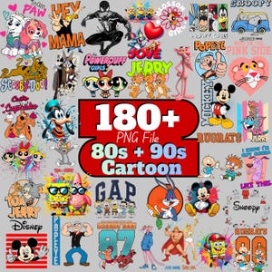 Könnte beinhalten: Eine digitale Sammlung von über 180 PNG-Dateien mit verschiedenen Zeichentrickfiguren aus den 80er und 90er Jahren, darunter Mickey Mouse, Tom und Jerry, Scooby-Doo, Powerpuff Girls, Popeye, der Pink Panther, SpongeBob Schwammkopf und Looney Tunes.