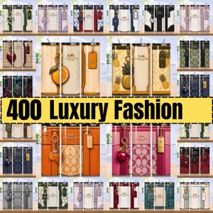May include: A collection of cylindrical tumblers featuring various Coach brand patterns, including signature logos, fruit motifs, and leather-style textures, each with a metal straw and a hanging charm. The image includes the text 400 Luxury Fashion.