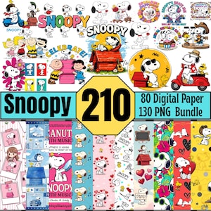 May include: A digital collection featuring 210 Snoopy-themed graphics, including 80 digital papers and 130 PNG files. The images display Snoopy and friends in various scenes, with text such as Snoopy, Celebrate, and 210 80 Digital Paper 130 PNG Bundle.