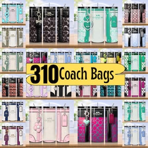 May include: A collection of cylindrical tumblers featuring various Coach bag-inspired patterns, including signature logos, leather textures, and decorative charms. The image includes a central yellow banner with the black text 310 Coach Bags.