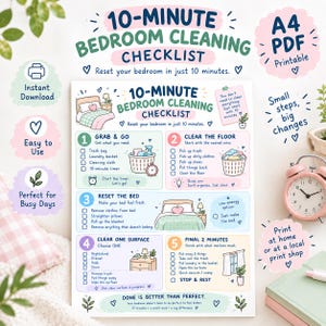 May include: A printable A4 PDF 10-minute bedroom cleaning checklist with five numbered steps. The document features pastel-colored illustrations of a bed, laundry basket, alarm clock, and nightstand, with text instructions for organizing a room.
