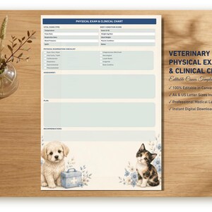 Formular für die tierärztliche Untersuchung, klinisches Aufnahmeformular für Haustiere (Canva-Vorlage)