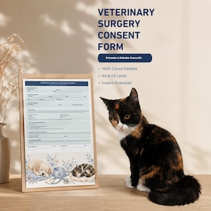 Könnte beinhalten: Eine Vorlage für ein Einverständnisformular für tierärztliche Operationen mit dunkelblauem Text auf hellblauem Hintergrund. Das Dokument zeigt Illustrationen eines Welpen und eines Kätzchens mit Stethoskop. Der Text umfasst VETERINARY SURGERY CONSENT FORM, 100% Canva Editable, A4 & US Letter und Instant Download.