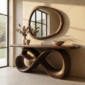 May include: A dark wood console table with a continuous looped base, topped with a matching irregular oval wall mirror. The table surface holds two light-colored ceramic vases containing dried foliage and a small, shallow wooden bowl.