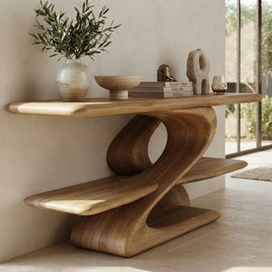 May include: A light brown wooden console table with a curved, sculptural base and two tiered shelves. The top surface holds a ceramic vase with green foliage, a wooden bowl, a stack of books, a small abstract sculpture, and a glass tumbler.
