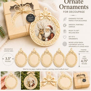May include: A set of five round, cream-colored ornaments with ornate, carved-style borders and a top bow detail. The ornaments feature a 3.5-inch round center area and measure just under 4.75 inches in total diameter. Includes a gift box.