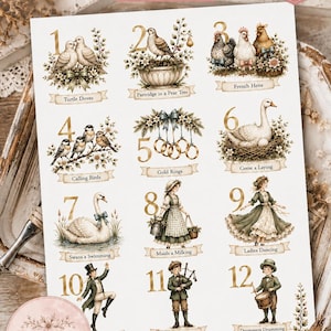Può includere: Un foglio A4 di carta di riso bianca per decoupage con dodici illustrazioni numerate che rappresentano i dodici giorni di Natale, tra cui tortore, galline, anelli d'oro, cigni e varie figure, ciascuna con la propria etichetta di testo.