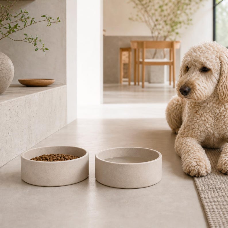 Ceramic dog and cat bowls in oatmeal stoneware on a concrete floor in a calm minimalist home, with a goldendoodle resting on a rug nearby